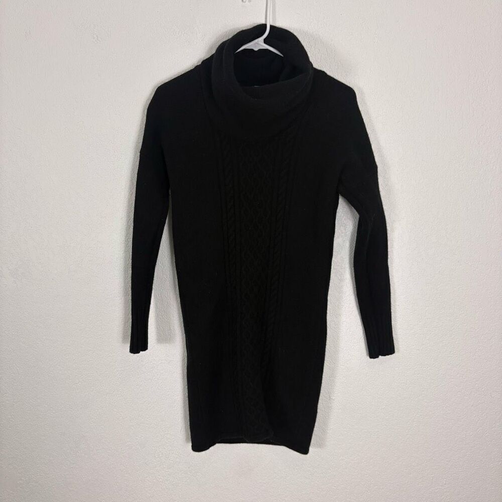 Garnet Hill Black Turtleneck Cable Knit Long Sleeve 100% Wool Sweater Dress XS